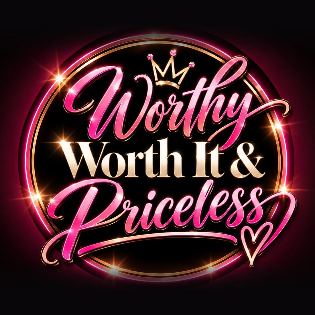 Worthy, Worth It & Priceless brand emblem in glowing pink and gold